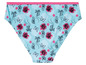Modré bikinové kalhotky s růžovými květinami a žábami.