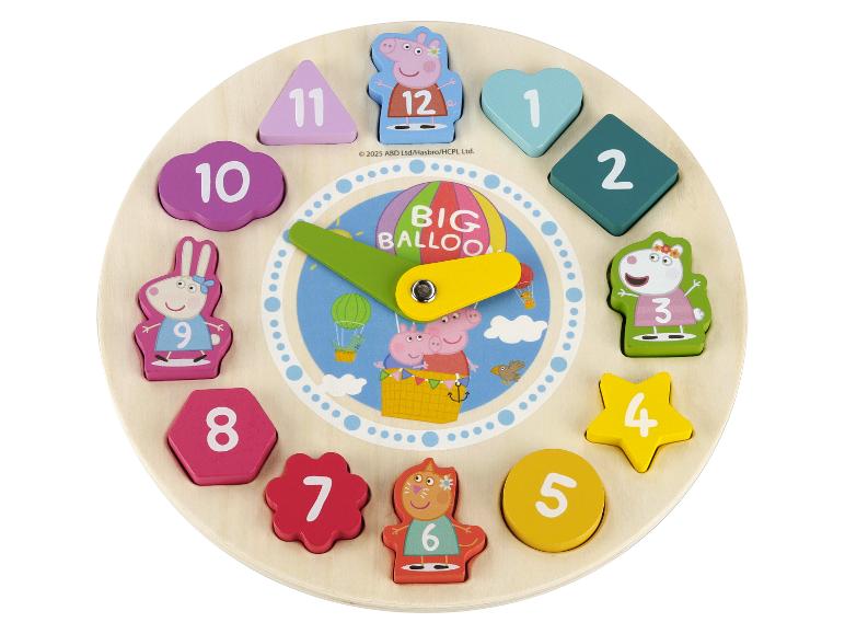 Dřevěné puzzle s hodinami Peppa Pig s barevnými číslovanými tvary.