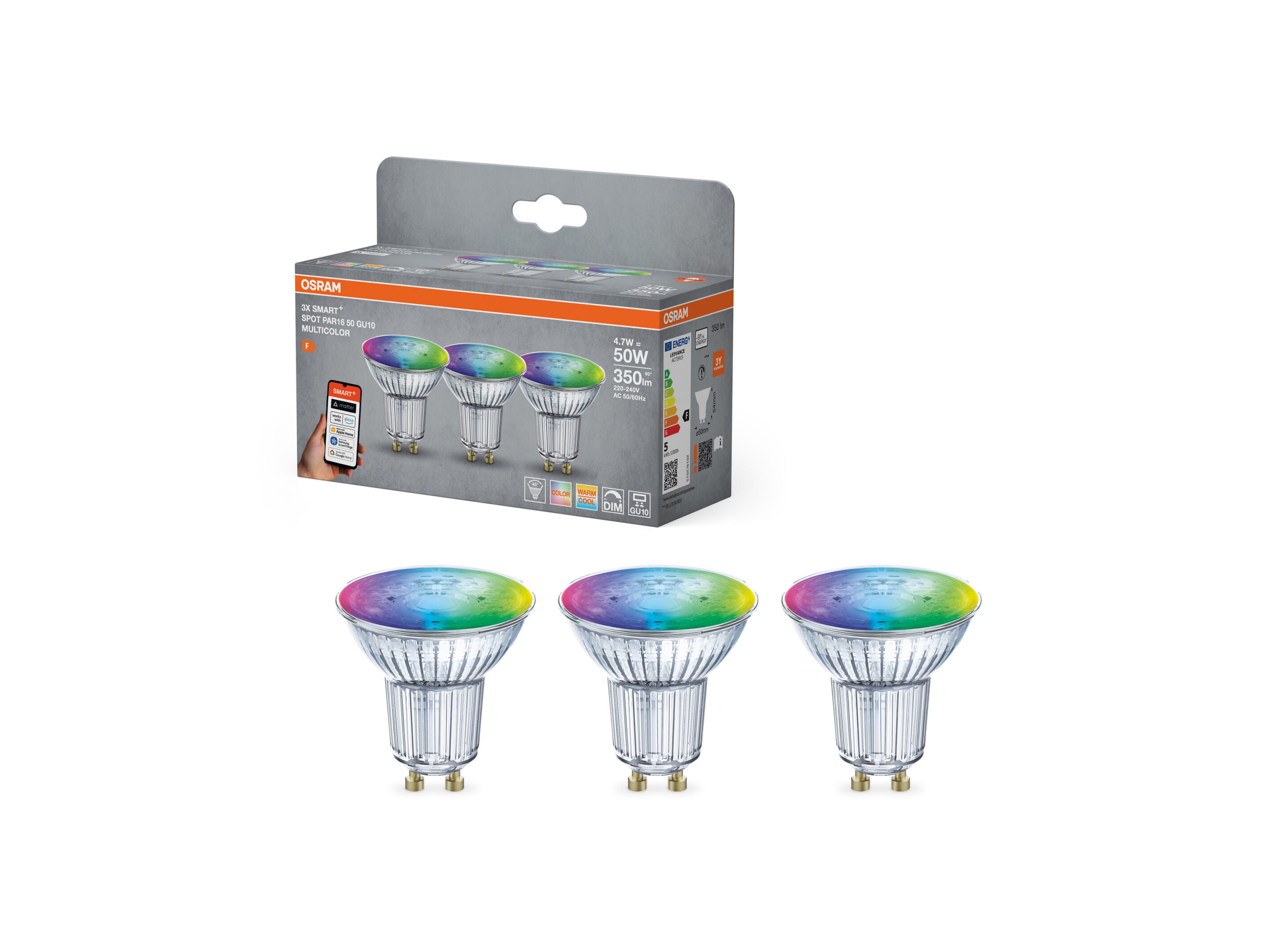 Osram Světelný zdroj »Smart Mat Par16«, 3 kusy (Gu10, Rgbw, 2700 K, stříbrná)