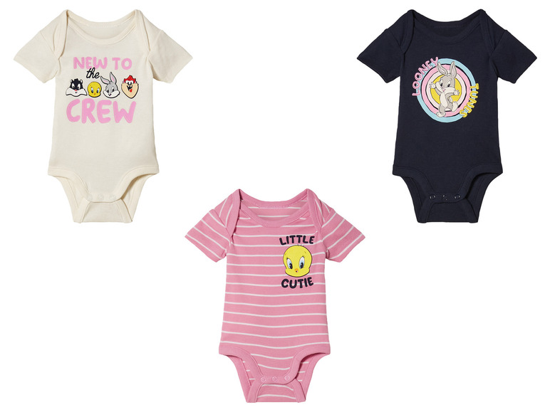 Tři dětské body s motivem Looney Tunes: Bugs Bunny, Tweety a designem 'New to the crew'.