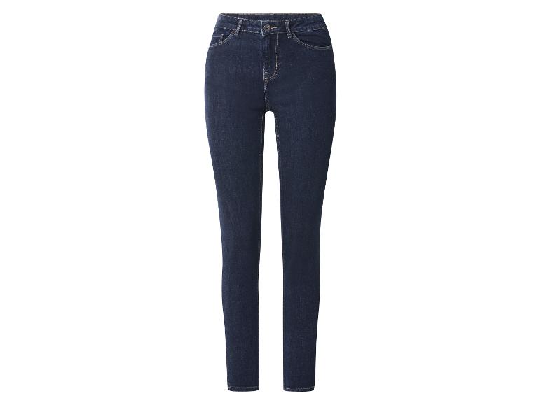 Tmavě modré dámské skinny džíny se zapínáním na knoflík a zip.