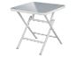Bílý skládací stolek se šedou deskou.