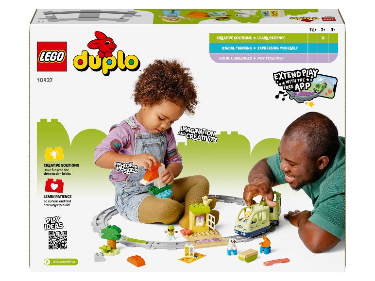 Krabička LEGO Duplo s dítětem a dospělým hrajícími si s vlakem a kostkami.