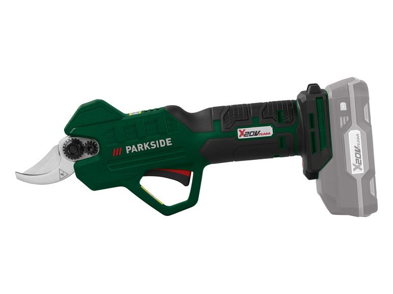 Zelené zahradní nůžky Parkside X20V Team s baterií.
