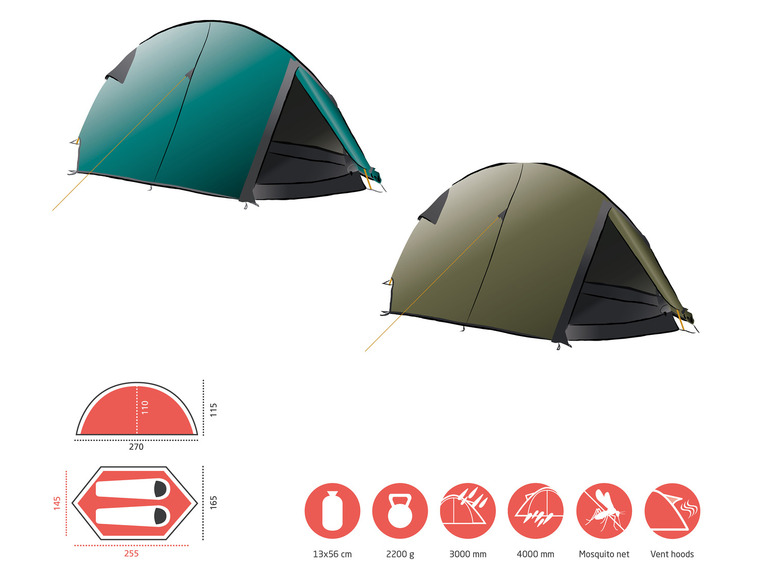 Dva stany, zelený a hnědý, s detaily jako síť proti komárům a ventilačními otvory.