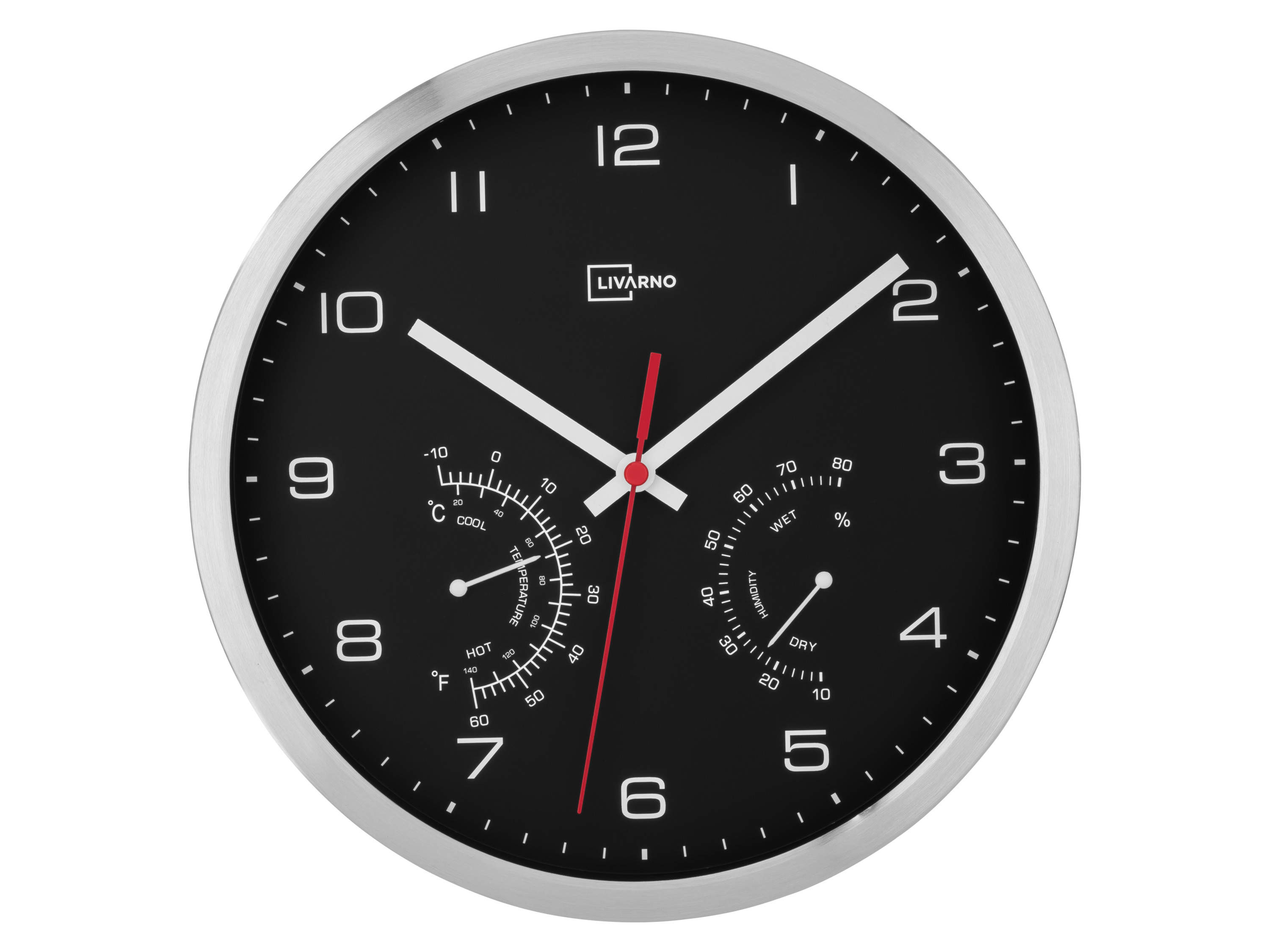 Livarno home Nástěnné hodiny s ukazatelem teploty a vlhkosti vzduchu (stříbrná/černá)