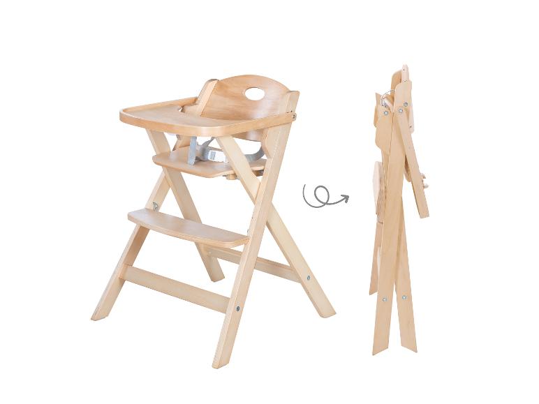 Dřevěná skládací dětská jídelní židlička ve dvou polohách: rozložená a složená