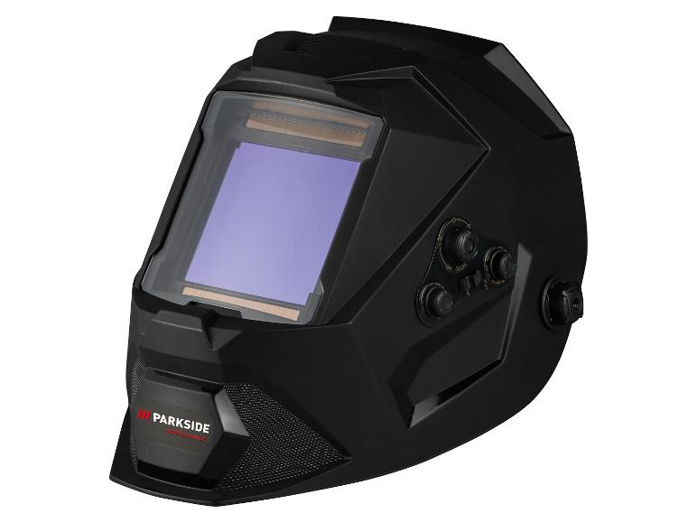 Černá automatická svářečská kukla s fialovým ochranným sklem a bočními ovladači.