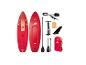 Paddleboard set se dvěma červenými prkny, pumpou, pádlem, ploutví a taškou.