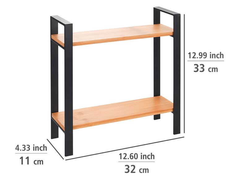 Dřevěná police s černým kovovým rámem, ideální pro uložení věcí.