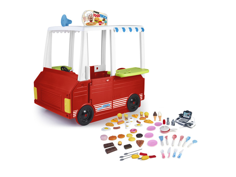 Červený hrací food truck s doplňky včetně pokladny.