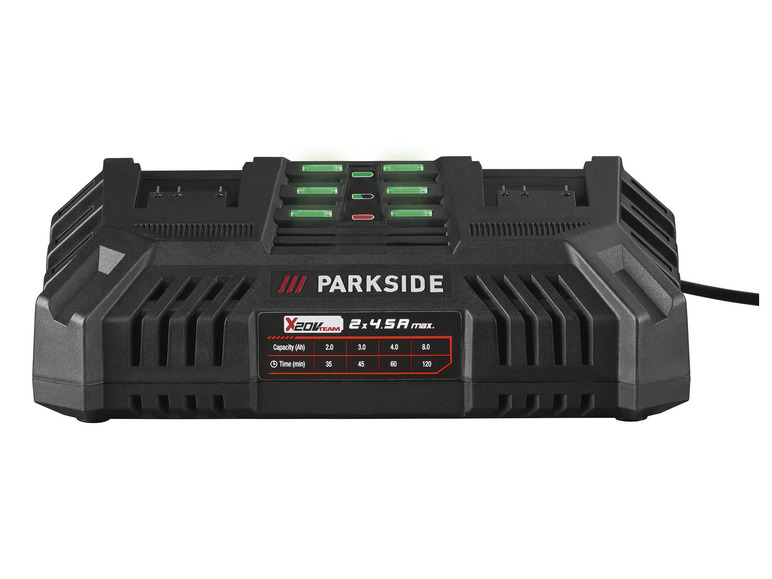 Černá nabíječka akumulátorů Parkside X20VTeam se dvěma sloty.