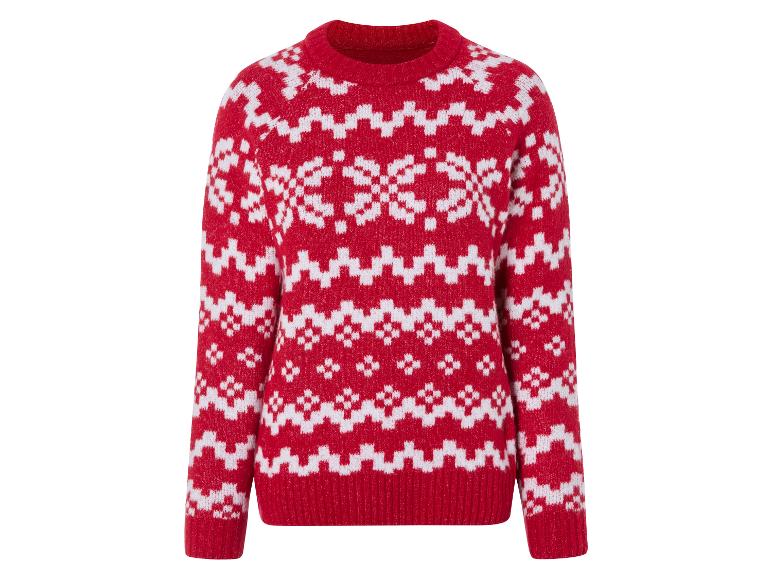 Červený svetr s bílým vzorem sněhových vloček.