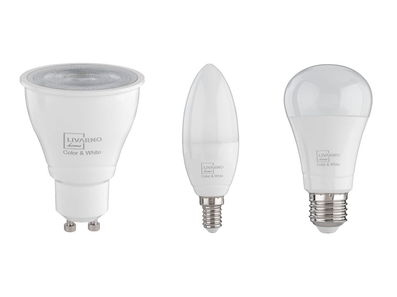 Tři LED žárovky Livarno home: GU10, E14 svíčka a E27.
