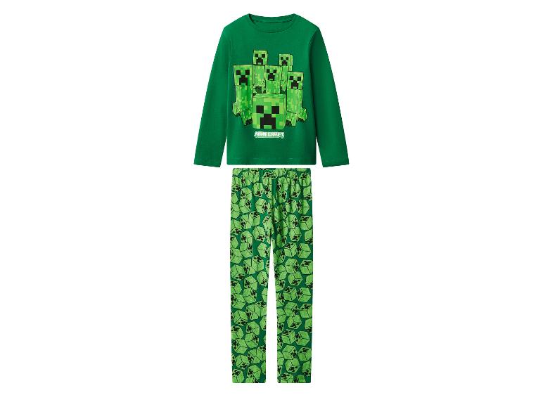 Zelené pyžamo Minecraft Creeper pro děti, s dlouhým rukávem a vzorovanými kalhotami.