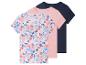 Tři trička: jedno s potiskem mušlí, růžové a tmavě modré.