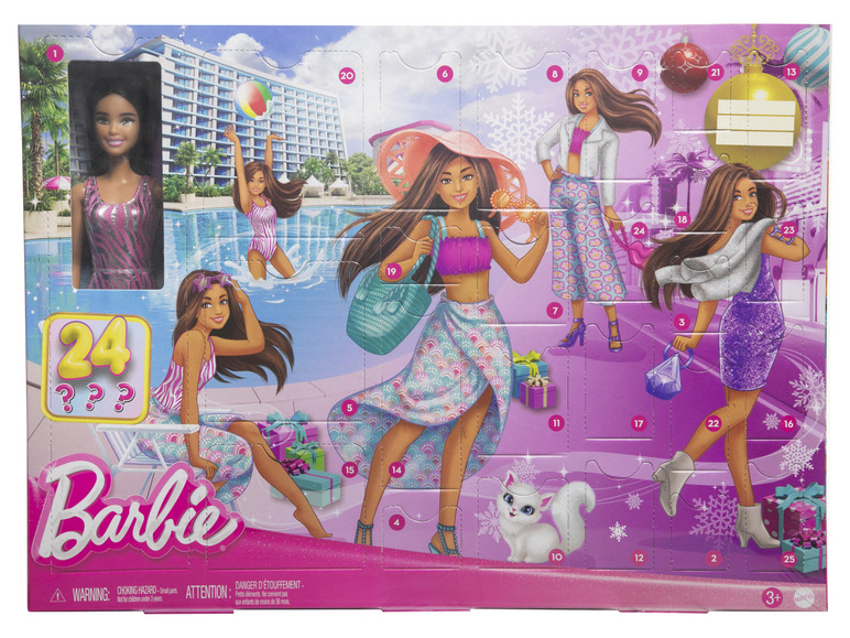 Adventní kalendář Barbie s panenkami, doplňky a vánočními ozdobami.