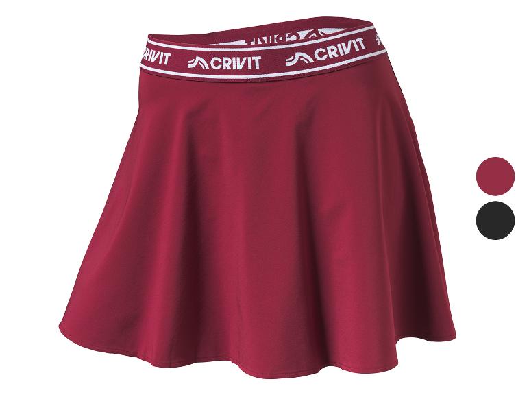Bordó dámská sportovní sukně s elastickým pasem s nápisem „CRIVIT“.