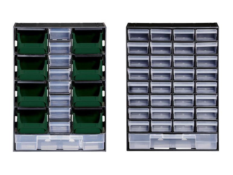 Dvě černé úložné boxy se zelenými a průhlednými zásuvkami.