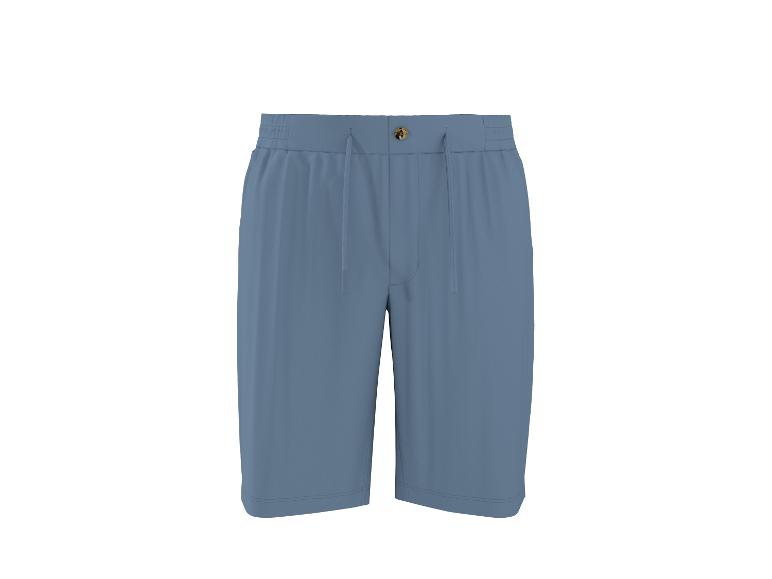 Modré šortky se stahovací šňůrkou a knoflíkem v pase.