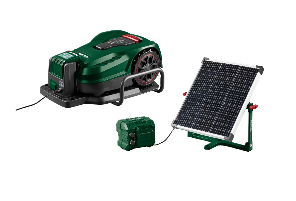 Parkside® Robotická sekačka Pamrc 250 A1 City s akumulátorem, nabíječkou a aku solární nabíjecí stanicí Paslm 25 A1
