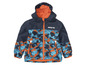Modrá dětská bunda s maskovacím vzorem a oranžovými detaily.