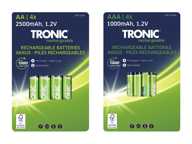 Čtyři nabíjecí baterie AA TRONIC s kapacitou 2500 mAh a čtyři nabíjecí baterie AAA s kapacitou 1000 mAh.