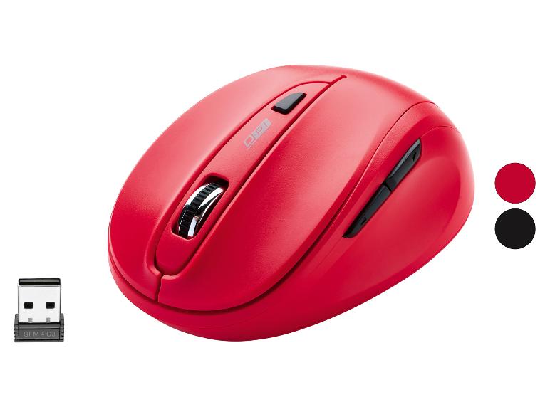 Bezdrátová myš v červené barvě s USB přijímačem.