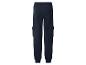 Tmavě modré cargo tepláky s elastickými manžetami a pasem, zadními a bočními kapsami.