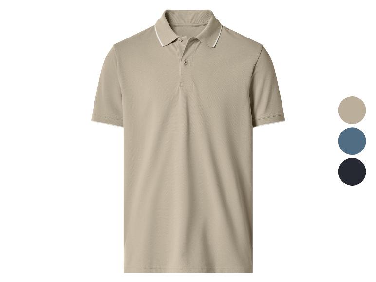 Béžové polo tričko s bílými detaily na límci a rukávech, s barevnými vzorky na boku.