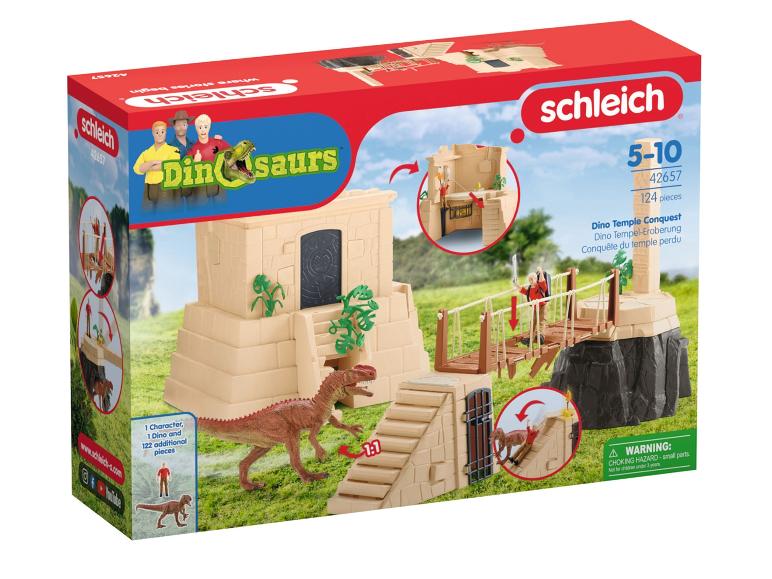 Sada Schleich Dino Temple Conquest s chrámem, mostem a dinosaury.
