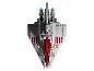 Model vesmírné lodi LEGO Star Wars v šedé a červené barvě s modrými detaily.