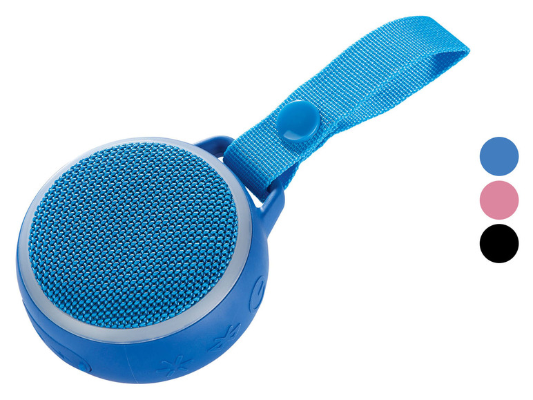 Modrý přenosný Bluetooth reproduktor s popruhem.