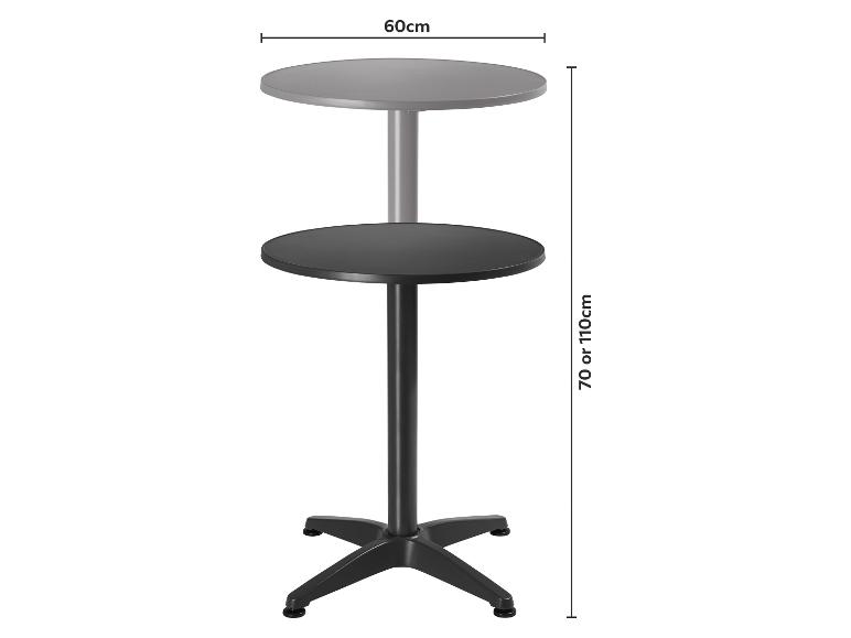 Výškově nastavitelný barový stůl s deskou o průměru 60 cm, výška 70 nebo 110 cm.
