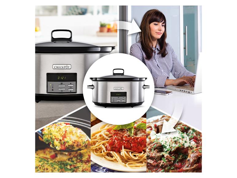 Pomalý hrnec Crock-Pot s obrázky jídel z těstovin, kuřecího masa a hovězího masa.