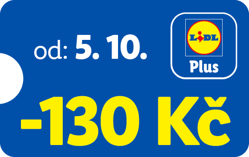 Modrý štítek s textem 'od: 5. 10.' a žlutým '-130 Kč'.