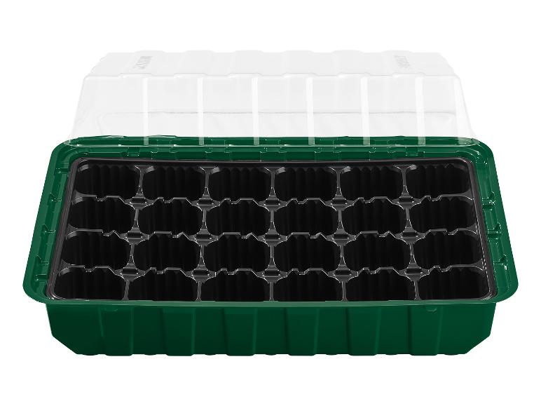Zelený sadbovač s průhledným víkem a 24 buňkami.