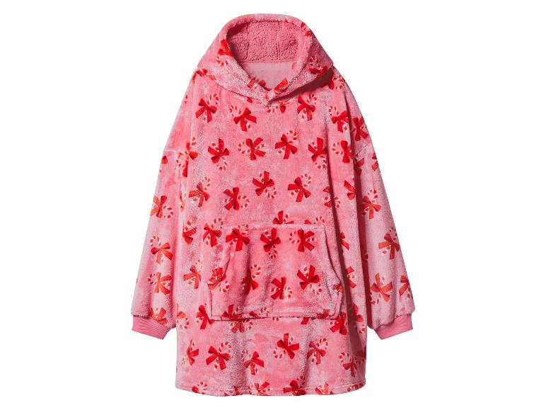 Růžová oversized mikina s kapucí s vánočním motivem cukrových holí a mašlí.