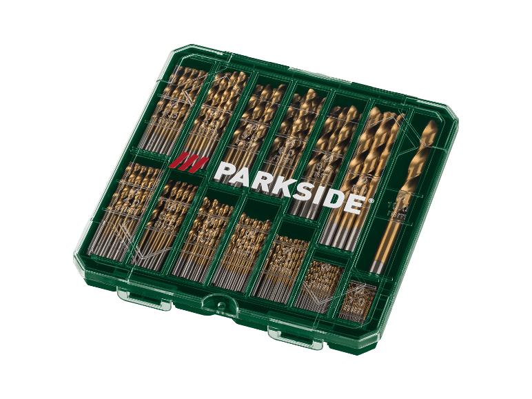 Sada zlatých vrtáků v zeleném plastovém pouzdře, od 1,0 mm do 10,0 mm.
