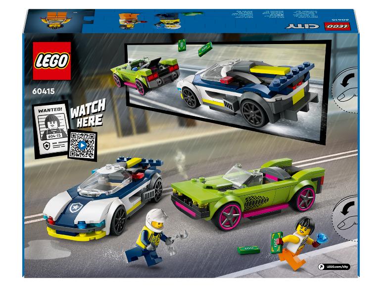 Sada LEGO City 60415 s policejním autem, zeleným sportovním autem a minifigurkami.