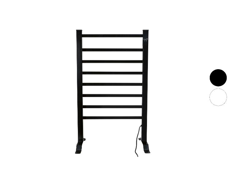 Černý volně stojící elektrický sušák na ručníky s osmi tyčemi a digitálním ovládáním.
