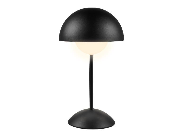 Černá stolní lampa s polokulovitým stínítkem a svítící koulí.