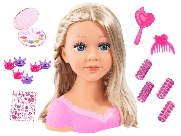 Blond stylingová hlava s make-upem, natáčkami, korunkami a vlasovými doplňky