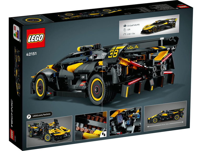 Sada LEGO Technic Bugatti Bolide s detailním pohledem na motor a karoserii.