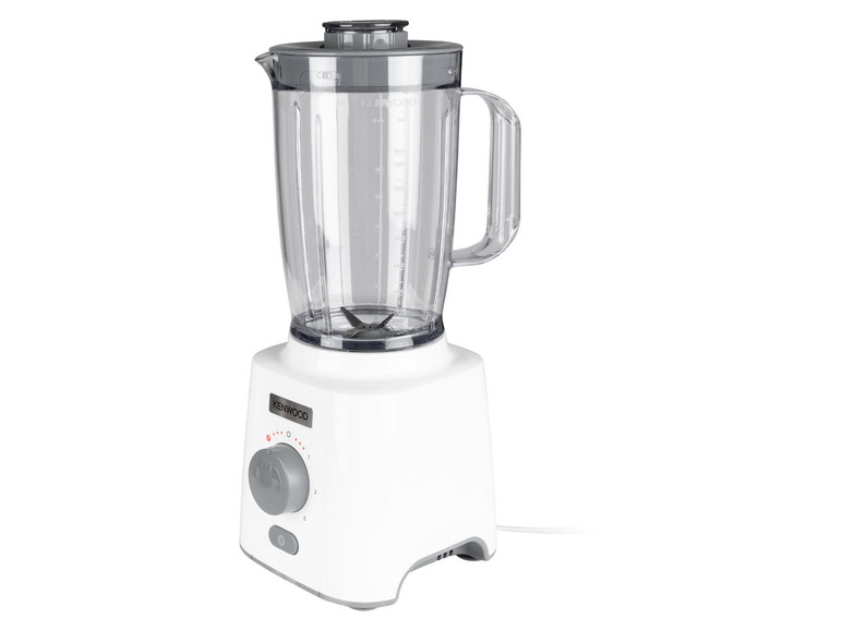 Bílý mixér Kenwood se skleněnou nádobou.