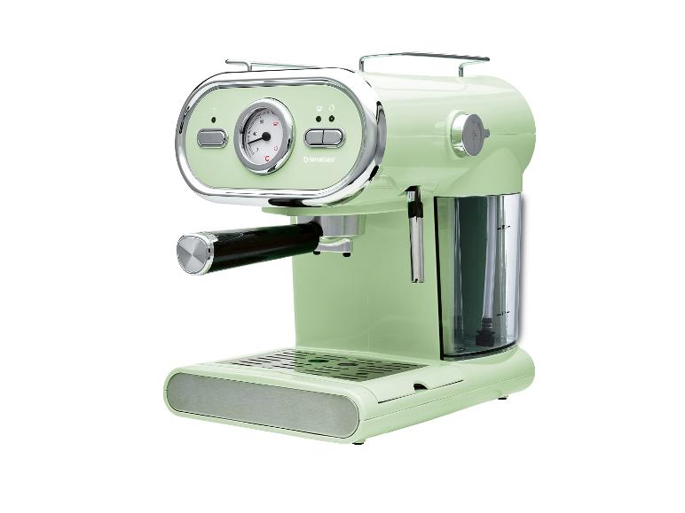 Mátově zelený kávovar na espresso s tlakoměrem a průhlednou nádržkou na vodu.