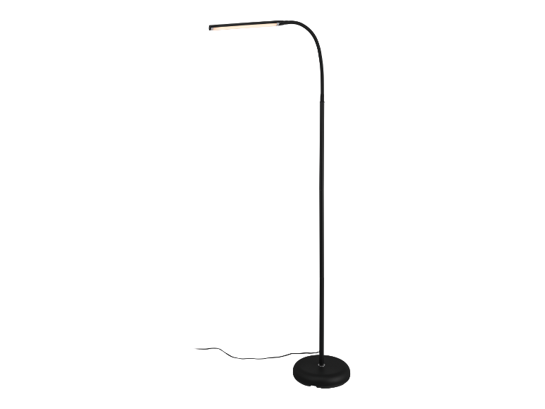 Černá LED stojací lampa s ohnutým ramenem.