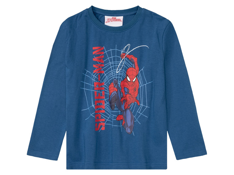Modrý longsleeve s obrázkem Spider-Mana v pavučině.