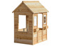 Dřevěný dětský domek s oknem a dveřmi.