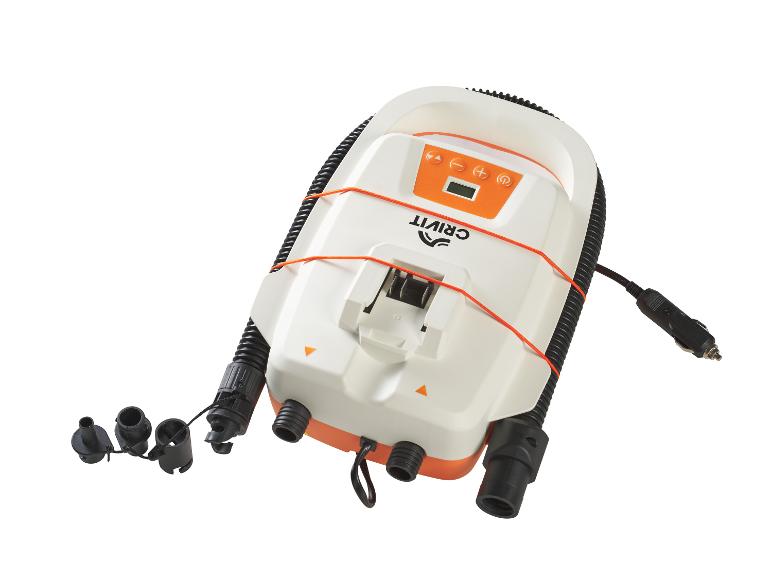Oranžovo-bílá elektrická pumpa s displejem a různými tryskami.
